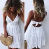 Summer Women Lace Dress Sexy Backless V-neck Beach Dresses Fashion Sleeveless Spaghetti Strap White Casual Mini Sundress 210522