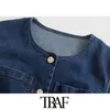 TRAF Women Fashion With Belt Pockets Denim Vest Coat Vintage Sleeveless Button-up Female Waistcoat Chic Tops 210415