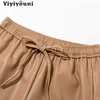 Yiyiyouni pantaloni di pelle impiombati a vita alta donna pantaloni larghi con coulisse in pelle PU donna autunno pantaloni dritti solidi donna 211006