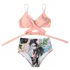 Women Floral Swimsuit Two Piece Retro Halter Ruched High Waist Bikini Print Set Women's Swimwear