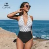 Navy Flo Ral Deep V-Neck Halter One-Piece Swimsuit Sexig Backless Lace Up Women Monokini 2021 Beach Badkläder Swimwear