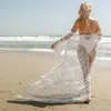 Vrouwen Bikini Cover Up Zomer Sexy Kant Kimono Boho Strand Lange Maxi Jurk Sheer Losse Kaftan Tuniek Badpak Zwart Wit