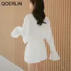 Vintage Beyaz Pileli Bluz Kadınlar Flare Uzun Kollu Derin V Boyun Elbiseler Kadın Moda Giysileri Kızlar 210601