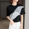 Chic Wing Patchwork T 셔츠 여성 여름 반팔 느슨한 캐주얼 탑 여성 블랙 O- 목 기본 210601