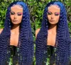 Long Curly Dark Blue Lace Front Human Hair Wigs Brazilian Deep Wave Synthetic Wig Glueless Pre Plucked With BabyHair