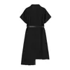 Gothique noir Blazer asymétrique à manches courtes femmes robe été taille haute avec ceinture Streetwear mode Goth robe femme 210417