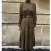 Vintage Balıkçı Yaka Uzun Kollu Elbise Kadınlar Pileli Kemer Kadın Maxi ES Zarif Parti Vestidos Robe Femme Bahar 210514