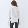 Patchwork Casual Sweater For Women Turtleneck Flare Sleeve Side Split White Knitted Pullover Female Fall 210524