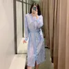 Woman Dress Blue Belt Snake Print Long Shirt Women Elegant Sleeve es Ladies Vintage Midi 210519