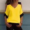女性のパッチワークコールドショルダーTシャツ5XLプラスサイズトップスVネックハーフスリーブ女性ティーシャツ夏のカジュアルTレディース210607