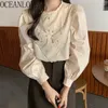 Toppar Kvinnor Blusar Vintage Solid Lace Retro Chic Koreansk Blusas Mujer Spring Puff Sleeve Hollow Out 19649 210415