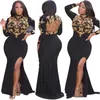 Plus Size Sexy Abito formale 2022 Maniche lunghe Dubai Prom Gowns Mermaid Oro Beakings Black Open Busto Abiti da sera con collo alto