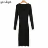 Yenkye mode kvinnor godis-färg sexig stickad klänning långärmad v nacke midi casual bodycon dress vinter robe femme 210515