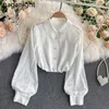 Вышивка женская белая рубашка с длинным рукавом одиночная погружная корейская блузка весенние рубашки Элегантная капля 210601