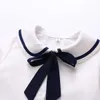 Vårkvinnor Bomull Sailor Collar Full Sleeve Blus med Bow Girl Sweet JK Kort Skjorta Striped Höst Casual Toppar T113 210721