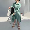 Femmes vert Patchwork poche plis simple boutonnage robe col polo manches longues Slim Fit mode marée été 7E0839 210421