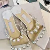 Dress Shoes 2021 Design Woman Chunky High Heels Pearl Strp Slippers Square Toe Sandals Elegant Zapatos De Mujer Sexy Pumps