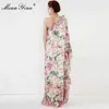 Lente zomer vrouwen jurk one-schouder onregelmatige kraag bloemen-print cascading ruche vakantie feest maxi jurken 210524