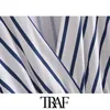 Женщины мода с пуговицами полосатые подрезанные блузки Винтаж V-шеи три четверти рукава женские рубашки шикарные вершины 210507