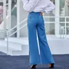 Kvinnors Fashion Button Fly Pocket Chain Denim Trousers Denim Pants High-Waisted Wide-Ben Byxor Höst Kvinna Jeans Full Length 210514