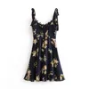 Summer Navy Floral Print Women Sling Dress Ruffles hem Tie Bow Strap Sleeveless Mini Sexy Beach Holiday Vintage 210429