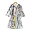 2022 Spring 3/4 Sleeve Round Neck Multicolor Contrast Color Artistic abstraction Print Beaded Sequins Knee-Length Dress Elegant Casual Dresses 21D161103