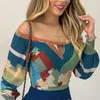 Vintage geometrisch bedruckte Bluse für Frauen, Herbst, schulterfrei, Hemden, Tops, Damen, sexy, aushöhlen, Blusen, Laternenärmel, Blusas für Damen