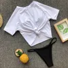 T-shirt hög nacke bikini badkläder kvinnor baddräkt brasiliansk bikini set främre knut halter toppstrand bär soild baddräkter l y0820