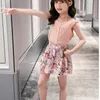 여름 정장 솔리드 탑 + 꽃 치마 2pcs 소녀 세트 소녀 옷 어린이 의류 키즈 의상 210528