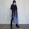 [EAM] Women Big Size Blue Mesh Asymmetrical Dress Round Neck Short Sleeve Loose Fit Fashion Spring Summer 1DD6285 21512