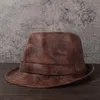 Wide Brim Hats Men Leather Fedora Hat For Dad Jazz Boater Flat Top Gentleman Bowler Porkpie Size 58CM