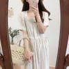 플러스 사이즈 여름 소녀 Boho 파티 여성 빈티지 드레스 화이트 버튼 카디건 짧은 소매 여성 드레스 긴 robe vestido 210417