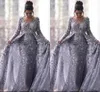 Saudi Arabic Gray Muslim Evening Dresses Mermaid V-neck Long Sleeve Detachable Train Tulle Lace Islamic Dubai Formal Party Gowns BC3127