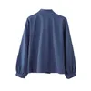 Blue Latern Lange Mouw Single-Breasted Blusas Bow V Collar Lady's Shirt Herfst Stijl Top Chiffon Blouse OL 10693 210508