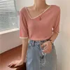 Knitted short sleeve T-shirt Women Tops Korea summer Tshirt thinO-neck knit Female Tee shirt Can be worn before and after 210512