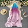 Neploe Halter Summer Long Dress Hit Color Patch Rainbow Gradient Holiday Bohemian Vestidos High Waist Hip Draped Robe Summer 210423