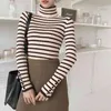 Turtleneck Striped Stickad Pullover Tröja Kvinnor Slim Basic Full Sleeve Jumpers Korean Fashion Casual Kvinna Toppar 210513