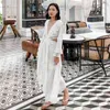 Spring Summer European Design Vintage White Boho High Waist Empire Lace Dress Luxury Backless Ladies 210510