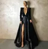 2021 Dark Green Elegant Evening Dresses With Long Sleeve Dubai Arabic Sequins Satin Prom Gowns Party Dress Deep V-Neck High Split