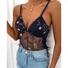 Summer Women Sexy Mesh Tank Top Sleeveless V neck Vest Tops Spaghetti Strap Top Embroidery Sheer Mesh Floral Print Top 210616