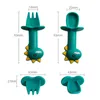 Baby Learning Cucchiaio Forchetta Set Manico corto Utensili in silicone morbido facile Massaggiagengive Giocattolo Posate per l'alimentazione Stoviglie di dinosauro