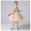 2021 ragazza principessa pizzo a maniche lunghe da sposa femminile quattro stagioni ragazza cinese grande bambini vestito di pizzo di colore solido Q0716