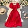 Elegante Retro Jurk Vierkante Neck Puff Sheeves Afslanken Pure Kleur Temperament Gentle Boho Vintage Mid-Calf Vestidos 210420