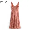 Summer Women Vintage Floral Print Chiffon Dress Female V Neck Sleeveless A-line Midi Holiday Sexy Hem Slits Robe 210430