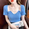 estate coreano chic maglione di seta del ghiaccio donne sottile a maniche corte T-shirt sottile sexy collo quadrato top corto abbigliamento donna 210520