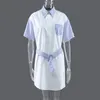 [EAM] Women Contrast Color Striped Sashes Shirt Dress Lapel Short Sleeve Loose Fit Fashion Spring Summer 1DD8561 21512