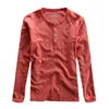 Retro T-shirt Män Långärmad Casual Red Tees Basic 100% Bomull Vår Sommar Toppar O-Hals Solid Färg Man Kläder 210601