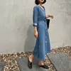 AELEGANTMIS Koreański Chic Luźne Sashes Denim Wysoka Sukienka Talii Kobiety Wiosna Casual Dżinsy Z Pasem Kobiet V Neck Długi Rękaw 210607