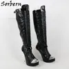 Sorbern Moda Diz Yüksek Çizmeler Stilettos Topuklu Platformu Uzun Boot Lace Up Özel Geniş Slim Fit Kadın Ayakkabı Büyük Boy 16