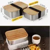 800ML Conteneur Alimentaire Lunch Box avec Couvercle En Bambou Rectangle En Acier Inoxydable Boîte À Bento En Bois Top Conteneur De Cuisine Naturel Facile À Prendre